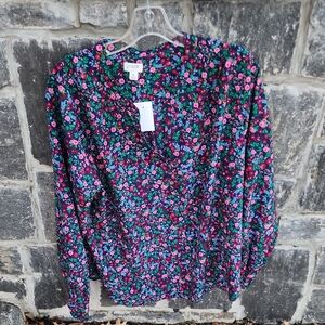 J. Crew Factory V-Neck Popover Placket Blouse Floral Print XL